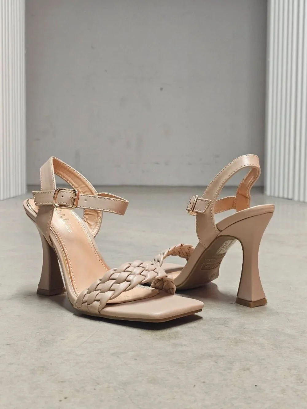 Braided Nude Heeled Sandals With Square Toe Design & Adjustable Ankle Strap - Picture 13 of 14